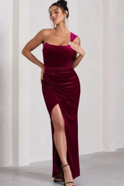 Jessica | Berry Velvet One Shoulder Corset Style Wrap Maxi Dress