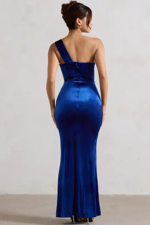 Jessica | Cobalt Velvet One Shoulder Corset Style Wrap Maxi Dress