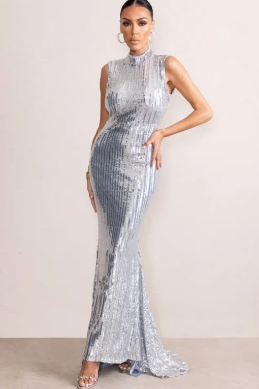 Jewel | Silver Sequin High Neck Maxi Dress With Open Back Detail