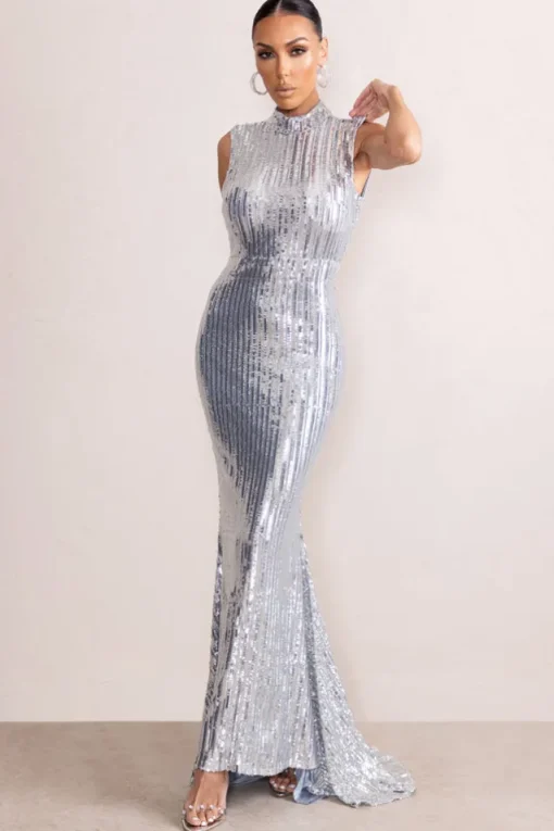 Jewel | Silver Sequin High Neck Maxi Dress With Open Back Detail
