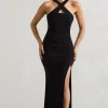 Jianna | Black Cross Over Halter-Neck Split Maxi Dress