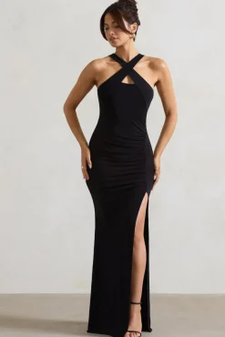Jianna | Black Cross Over Halter-Neck Split Maxi Dress