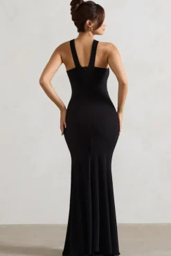 Jianna | Black Cross Over Halter-Neck Split Maxi Dress