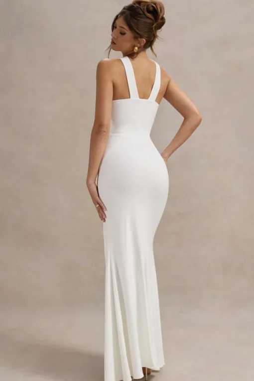 Jianna | White Cross Over Halter-Neck Split Maxi Dress
