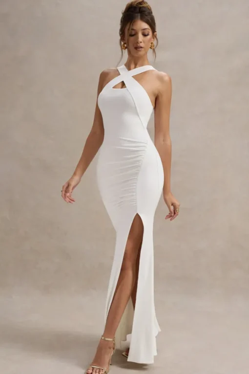 Jianna | White Cross Over Halter-Neck Split Maxi Dress