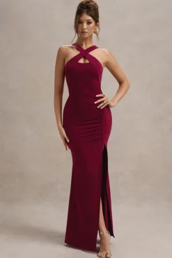 Jianna | Wine Cross Over Halter-Neck Split Maxi Dress