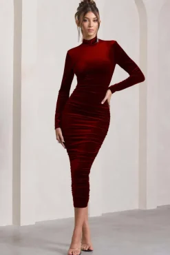 Joanna | Berry Velvet High-Neck Backless Midi Dress