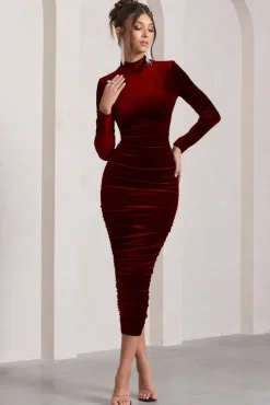 Joanna | Berry Velvet High-Neck Backless Midi Dress