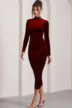 Joanna | Berry Velvet High-Neck Backless Midi Dress