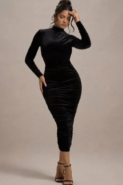 Joanna | Black Velvet High-Neck Backless Midi Dress