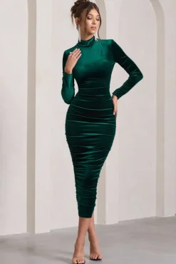 Joanna | Bottle Green Velvet High-Neck Backless Midi Dress