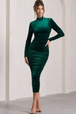 Joanna | Bottle Green Velvet High-Neck Backless Midi Dress