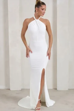 Jodie | White Halterneck Fishtail Maxi Dress With Split