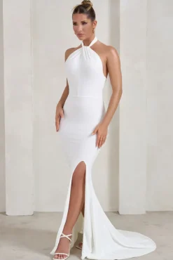 Jodie | White Halterneck Fishtail Maxi Dress With Split