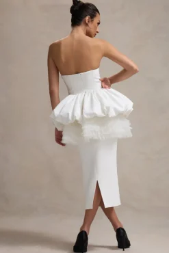 Jones | White Strapless Midi Dress With Tulle Peplum Waist