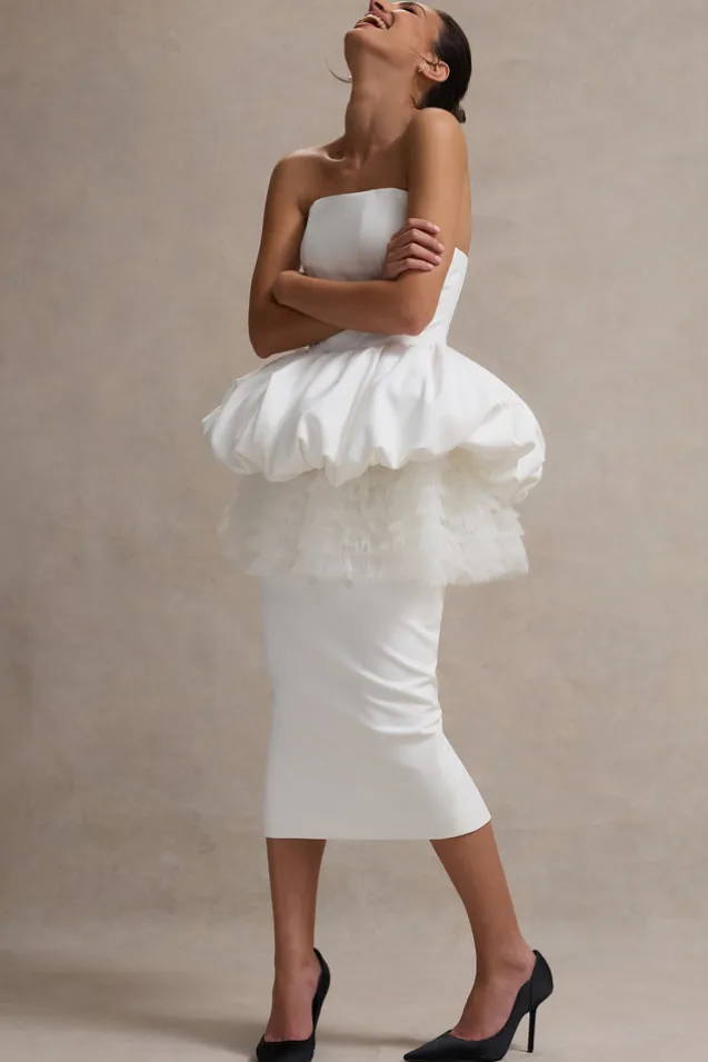 Jones | White Strapless Midi Dress With Tulle Peplum Waist