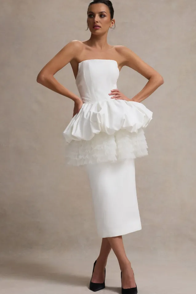 Jones | White Strapless Midi Dress With Tulle Peplum Waist
