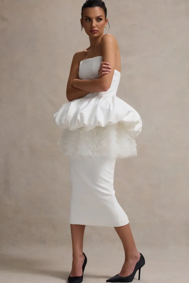 Jones | White Strapless Midi Dress With Tulle Peplum Waist