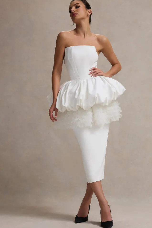 Jones | White Strapless Midi Dress With Tulle Peplum Waist