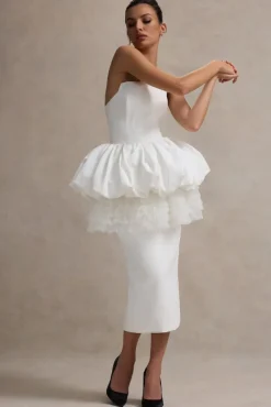 Jones | White Strapless Midi Dress With Tulle Peplum Waist