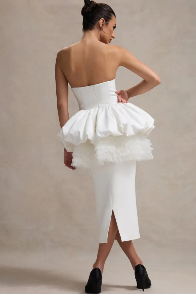 Jones | White Strapless Midi Dress With Tulle Peplum Waist