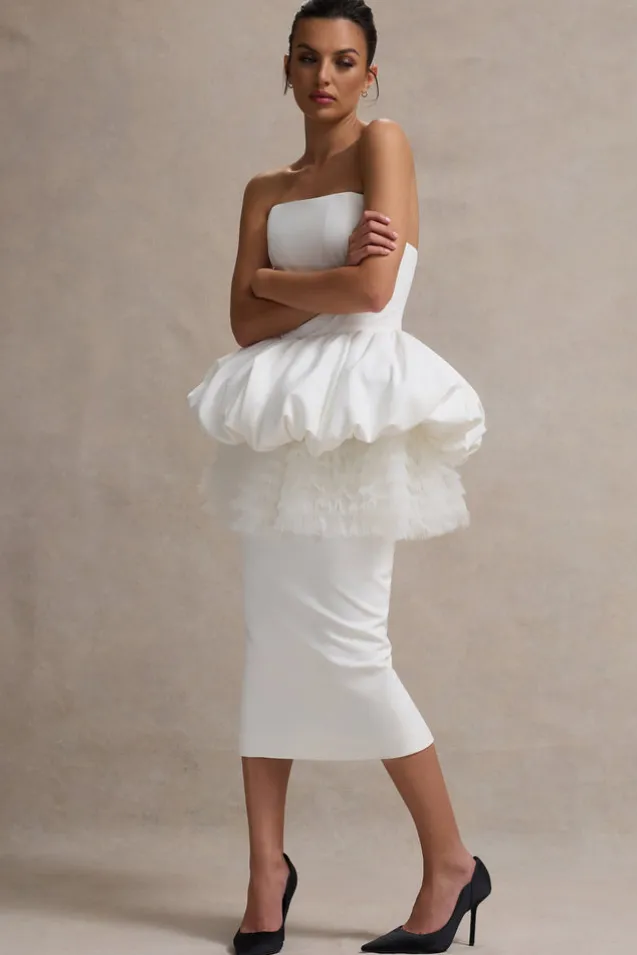 Jones | White Strapless Midi Dress With Tulle Peplum Waist