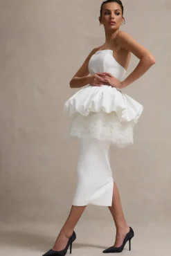 Jones | White Strapless Midi Dress With Tulle Peplum Waist