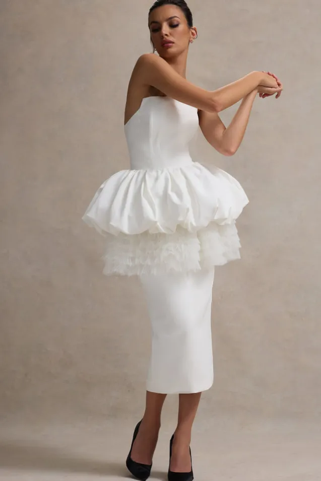 Jones | White Strapless Midi Dress With Tulle Peplum Waist
