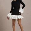 Josefina | Black Long-Sleeve Mini Dress With White Satin Trims
