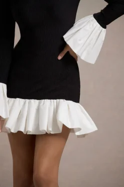 Josefina | Black Long-Sleeve Mini Dress With White Satin Trims