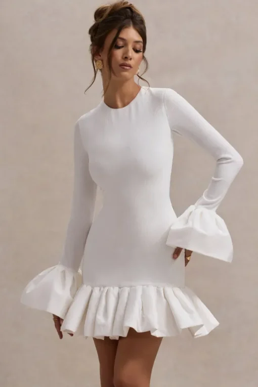 Josefina | Cream Long-Sleeve Mini Dress With Satin Trims