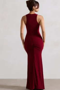 Julianna | Wine Plunge-Neck Ruched Maxi Dress With Corsage