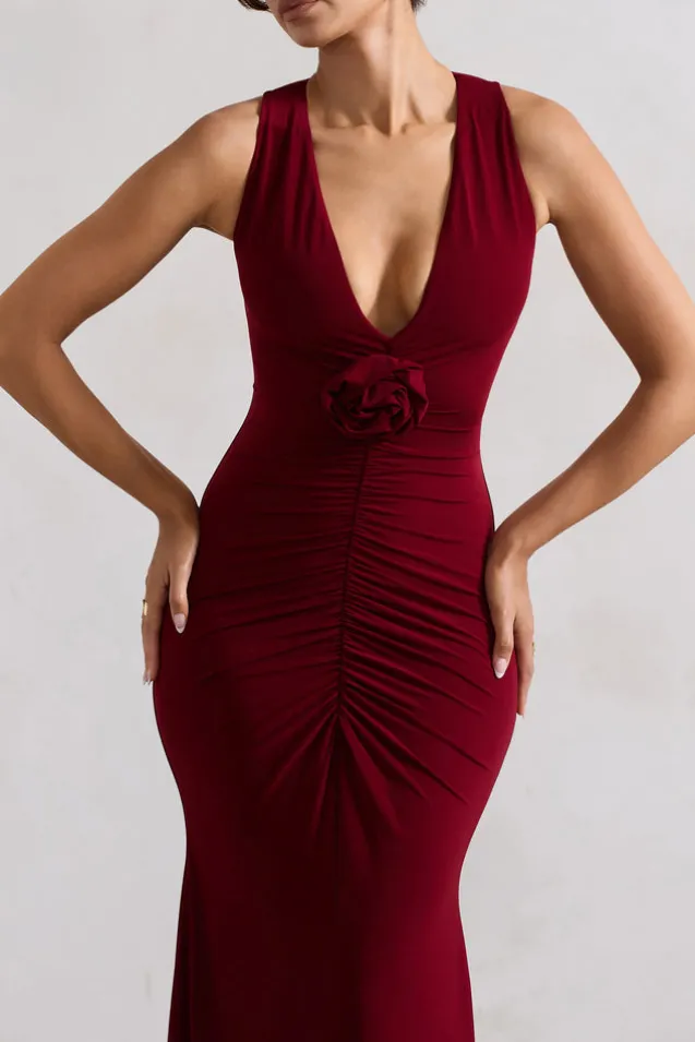 Julianna | Wine Plunge-Neck Ruched Maxi Dress With Corsage