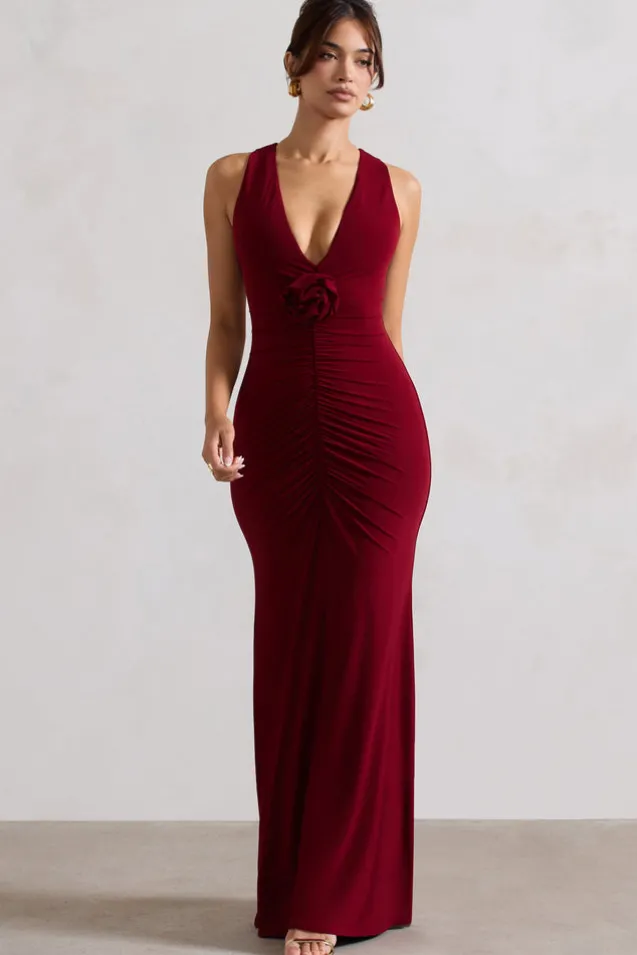 Julianna | Wine Plunge-Neck Ruched Maxi Dress With Corsage