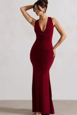 Julianna | Wine Plunge-Neck Ruched Maxi Dress With Corsage