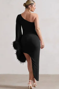 July | Black Asymmetric One Shoulder Cape Midi Dress With Feathers