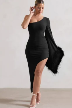 July | Black Asymmetric One Shoulder Cape Midi Dress With Feathers