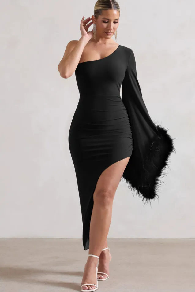 July | Black Asymmetric One Shoulder Cape Midi Dress With Feathers