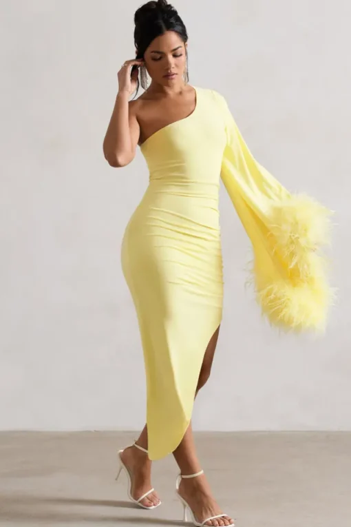 July | Lemon Asymmetric One Shoulder Cape Midi Dress With Feathers