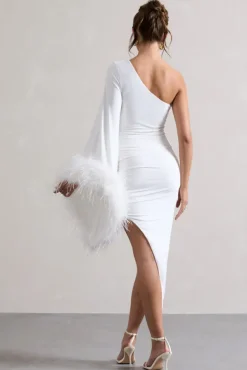 July | White Asymmetric One Shoulder Cape Midi Dress With Feathers