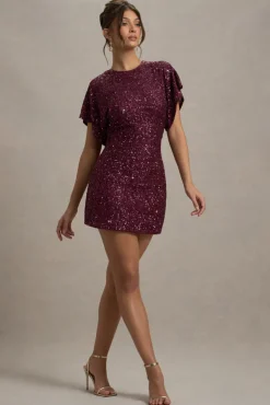 Juno | Berry Sequin Short-Sleeve Cowl-Back Mini Dress