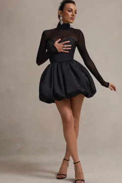 Jupiter | Black Satin High-Neck Mini Dress With Sheer Sleeves
