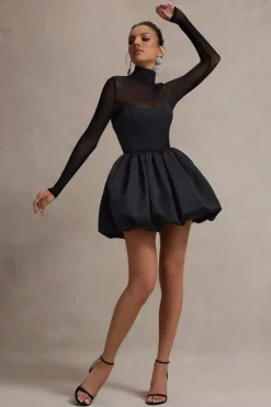 Jupiter | Black Satin High-Neck Mini Dress With Sheer Sleeves