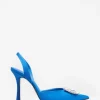 Just A Fling | Blue Satin Sling Back Heels With Diamante Brooches