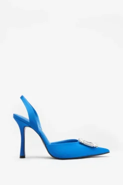 Just A Fling | Blue Satin Sling Back Heels With Diamante Brooches