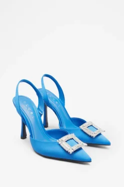 Just A Fling | Blue Satin Sling Back Heels With Diamante Brooches