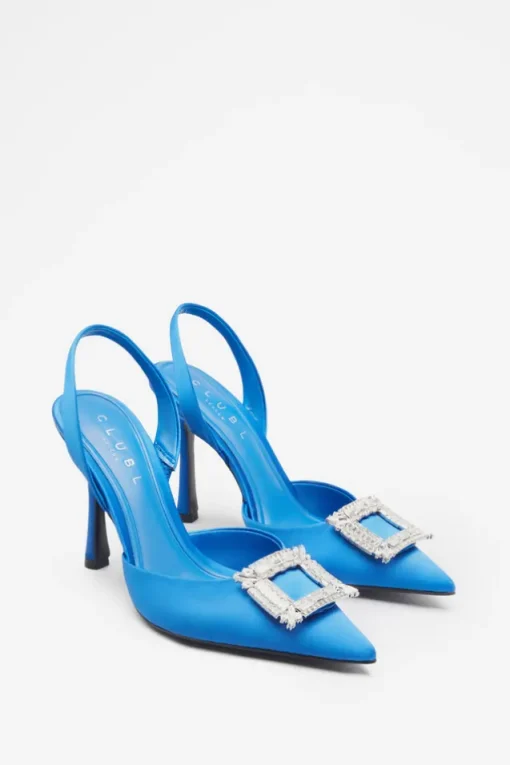 Just A Fling | Blue Satin Sling Back Heels With Diamante Brooches