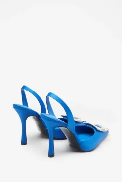 Just A Fling | Blue Satin Sling Back Heels With Diamante Brooches
