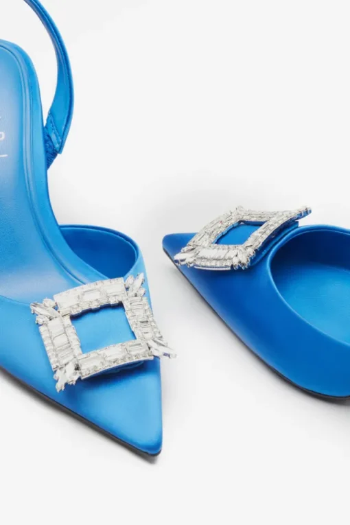 Just A Fling | Blue Satin Sling Back Heels With Diamante Brooches