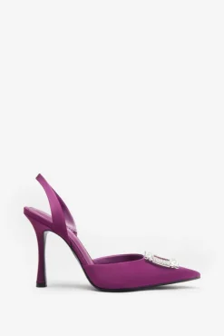 Just A Fling | Purple Satin Sling Back Heels With Diamante Brooches